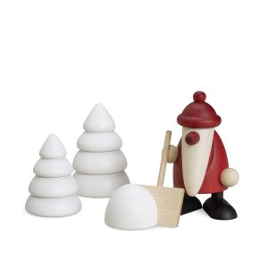 Mini-Weihnachtsmann mit Schneeschippe und 2 Winterbäumen