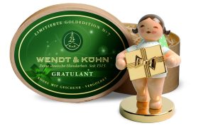 Goldedition mit Metallsockel, No 7 Gratulant, Engel mit Geschenk, vergoldet, 650/120LE