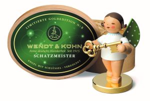 Goldedition mit Metallsockel, No 8 Schatzmeister, Engel mit Schlüssel, vergoldet 650/121LE