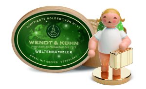 Goldedition mit Metallsockel, No 11 Weltenbummler, Engel mit Koffer, vergoldet, 650/124LE
